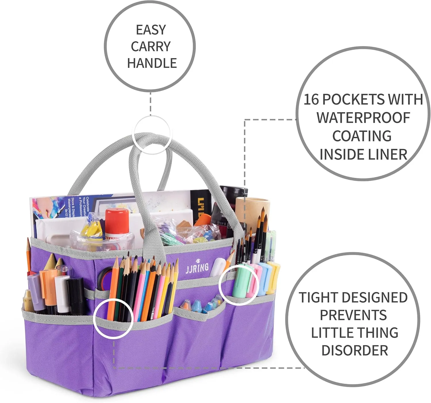 JJRING Craft and Art Tote - 600D Purple Nylon Fabric Art Sewing Organizer Bag with Pockets - for Craft, Scrapbooking, Medical, and Office Supplies Storage