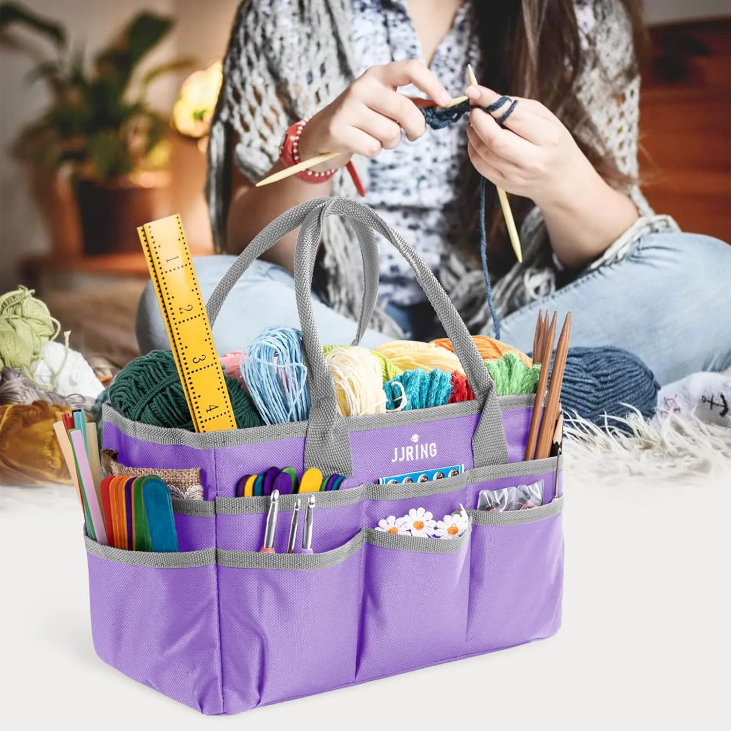 JJRING Craft and Art Tote - 600D Purple Nylon Fabric Art Sewing Organizer Bag with Pockets - for Craft, Scrapbooking, Medical, and Office Supplies Storage