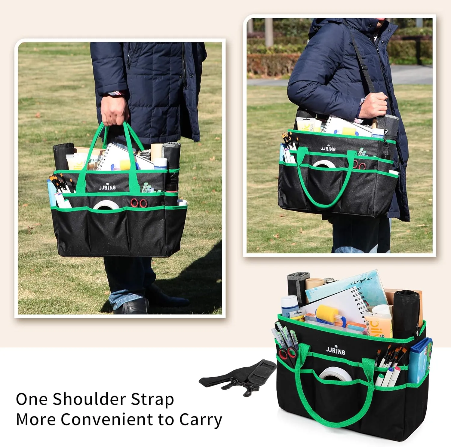 JJRING Large Multi-Functional Carrying Bag, 600D Nylon Artist Tote Bag with 16 Pockets Caddy for Art, Craft, Sewing, Make-up or School, Medical, Office Supplies Organizer, Green