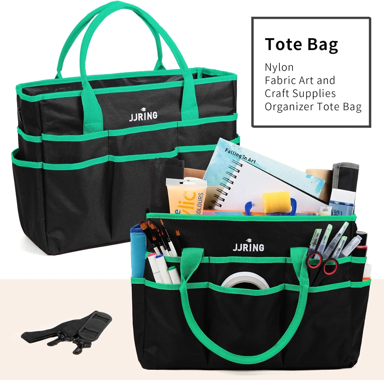 JJRING Large Multi-Functional Carrying Bag, 600D Nylon Artist Tote Bag with 16 Pockets Caddy for Art, Craft, Sewing, Make-up or School, Medical, Office Supplies Organizer, Green