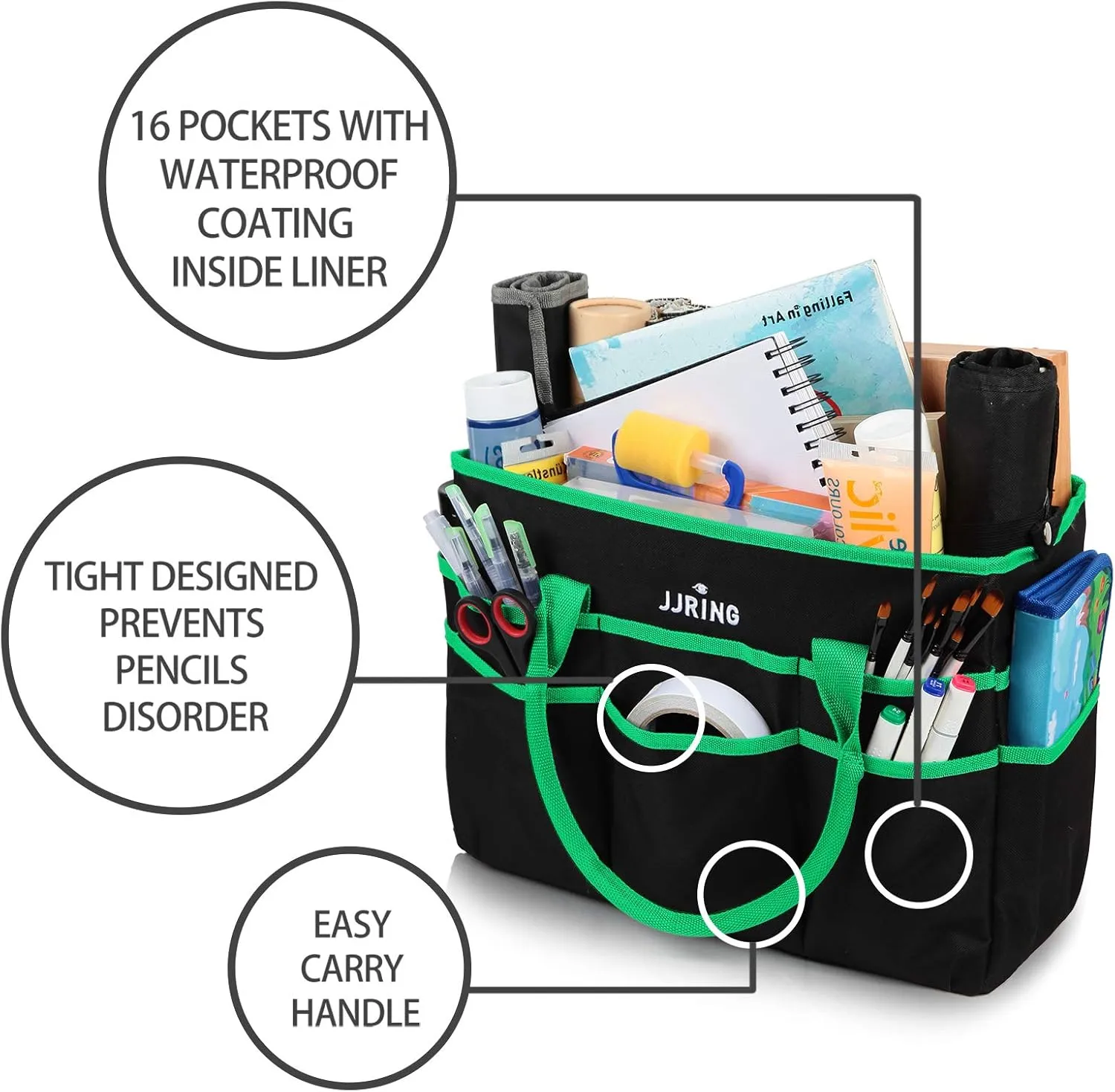 JJRING Large Multi-Functional Carrying Bag, 600D Nylon Artist Tote Bag with 16 Pockets Caddy for Art, Craft, Sewing, Make-up or School, Medical, Office Supplies Organizer, Green