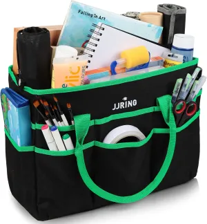 JJRING Large Multi-Functional Carrying Bag, 600D Nylon Artist Tote Bag with 16 Pockets Caddy for Art, Craft, Sewing, Make-up or School, Medical, Office Supplies Organizer, Green