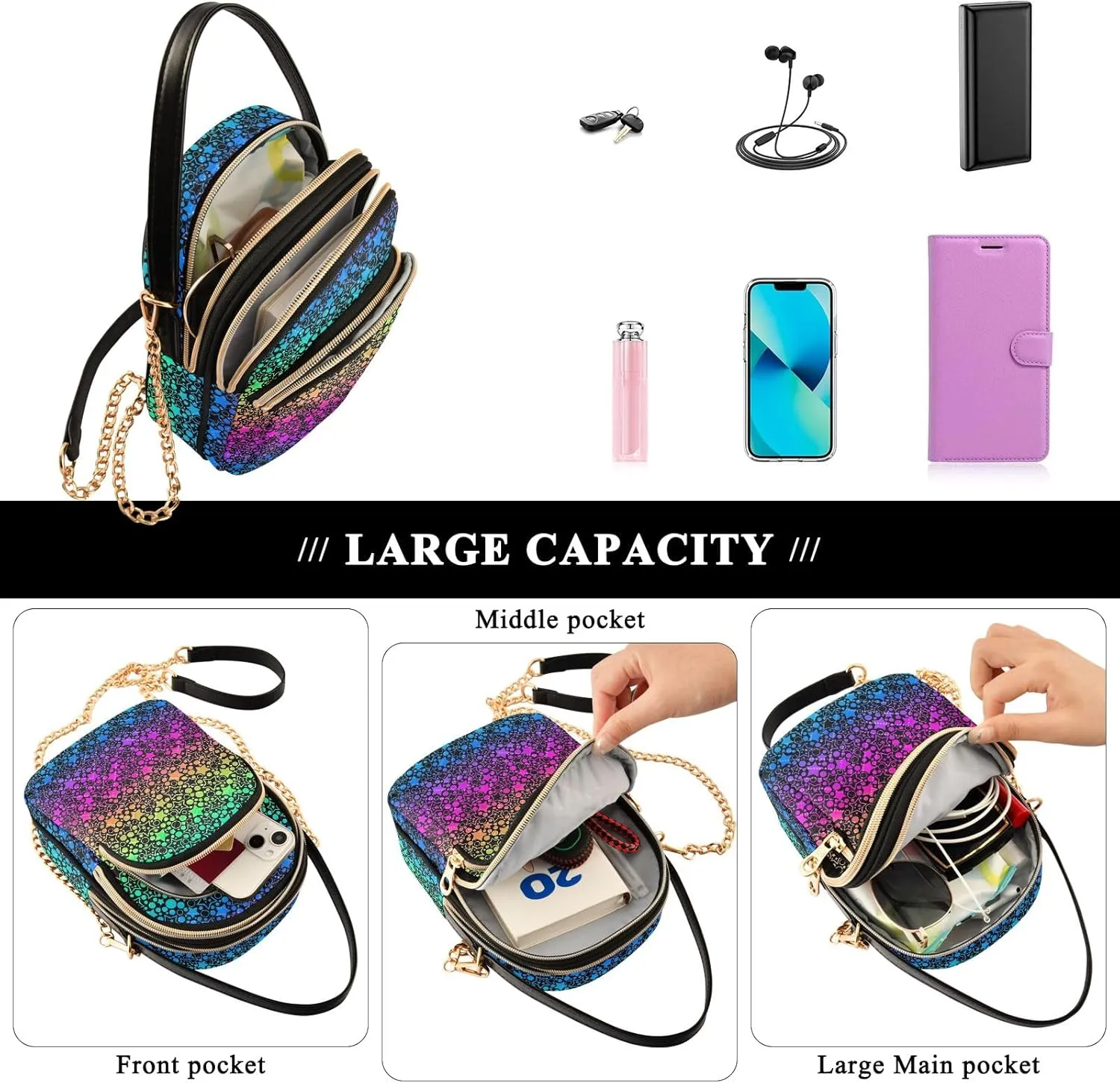 Joisal Bright Festive Neon Stars Anti Theft Crossbody Bags for Women, Summer Handbags Trendy Cellphone Crossbody Purse