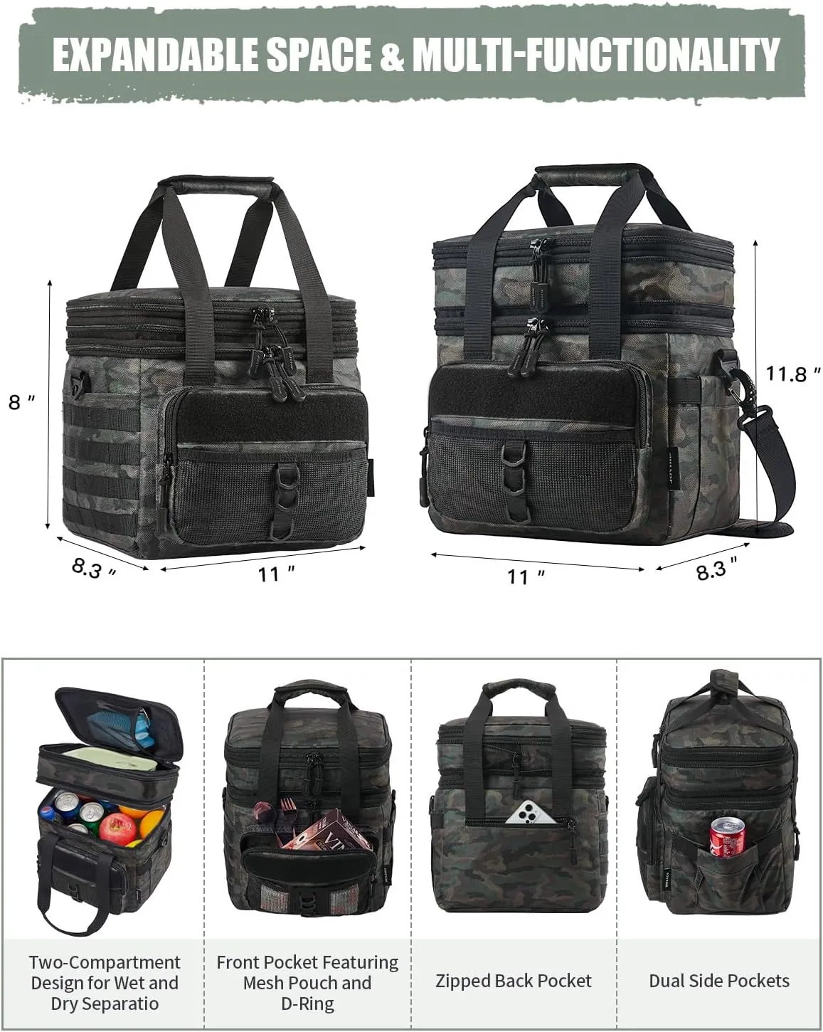 JOYHILL Tactical Lunch Box for Men, Double Deck Expandable Insulated Lunch Bag, Large Durable Thermal and Cooler Bag for Adult, Modern Leakproof Bag for Adult Work, Camping, Picnic, Sandy,18 L/24 Can