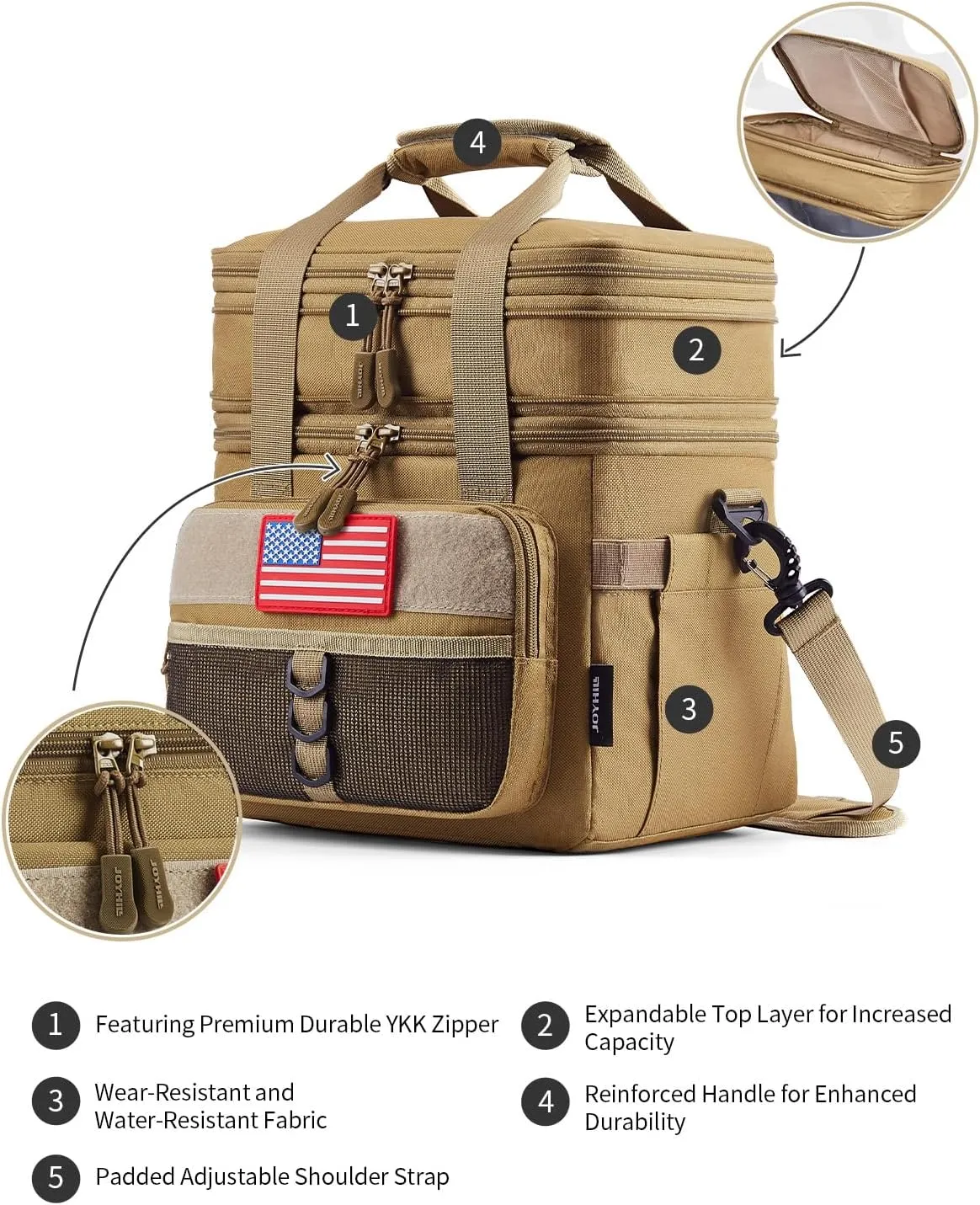 JOYHILL Tactical Lunch Box for Men, Double Deck Expandable Insulated Lunch Bag, Large Durable Thermal and Cooler Bag for Adult, Modern Leakproof Bag for Adult Work, Camping, Picnic, Sandy,18 L/24 Can