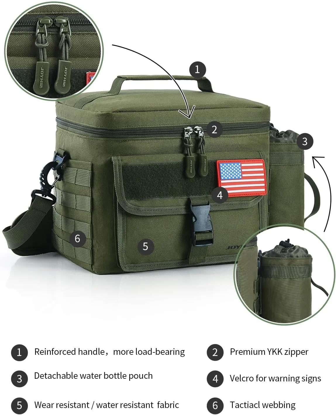 JOYHILL Tactical Lunch Box for Men, Insulated Lunch Bag with Detachable Bottle Pouch Holder, Medium Durable Thermal Cooler Bag,Modern Leakproof Bag for Work, Camping, Picnic,Green,13L/18 Can