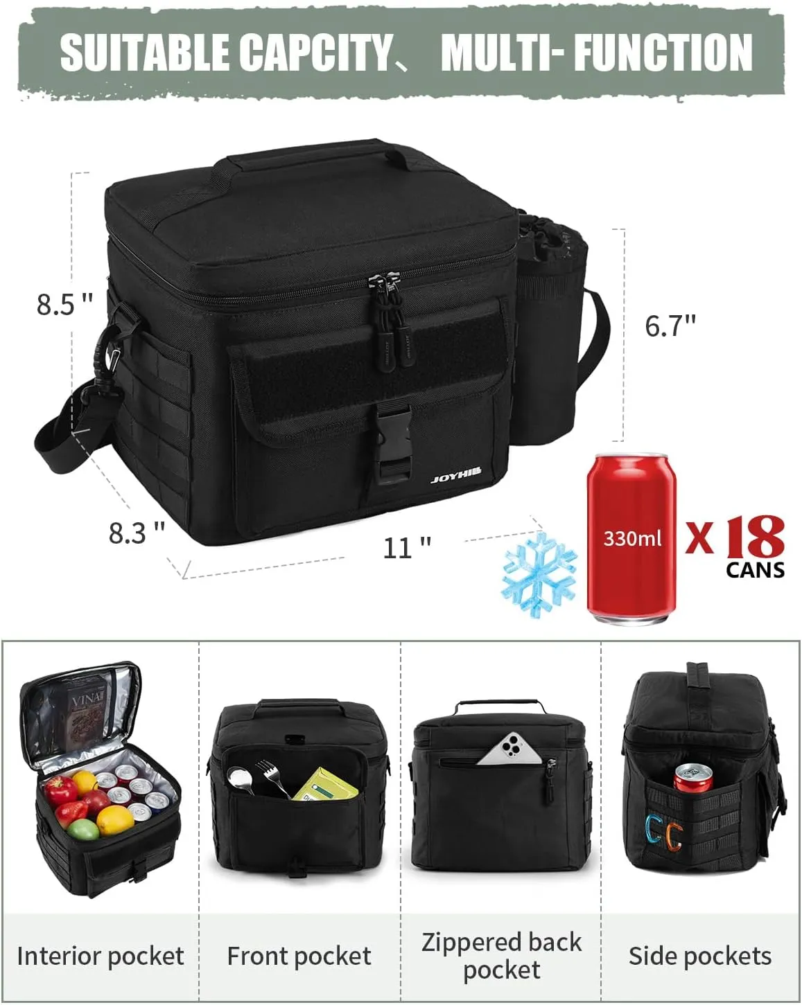 JOYHILL Tactical Lunch Box for Men, Insulated Lunch Bag with Detachable Bottle Pouch Holder, Medium Durable Thermal Cooler Bag,Modern Leakproof Bag for Work, Camping, Picnic,Green,13L/18 Can