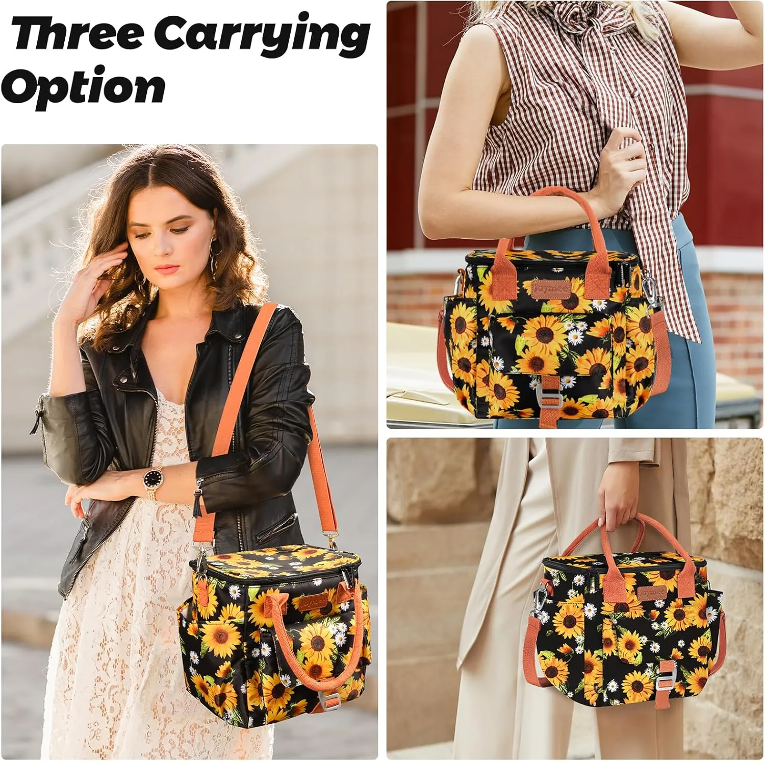 Joymee Insulated Lunch Bag for Women/Men, Waterproof Lunch Box for Office Work Picnic Beach, Reusable Large Leakproof Cooler Tote Bag with Adjustable Shoulder Strap & Side Pocket, Sunflower