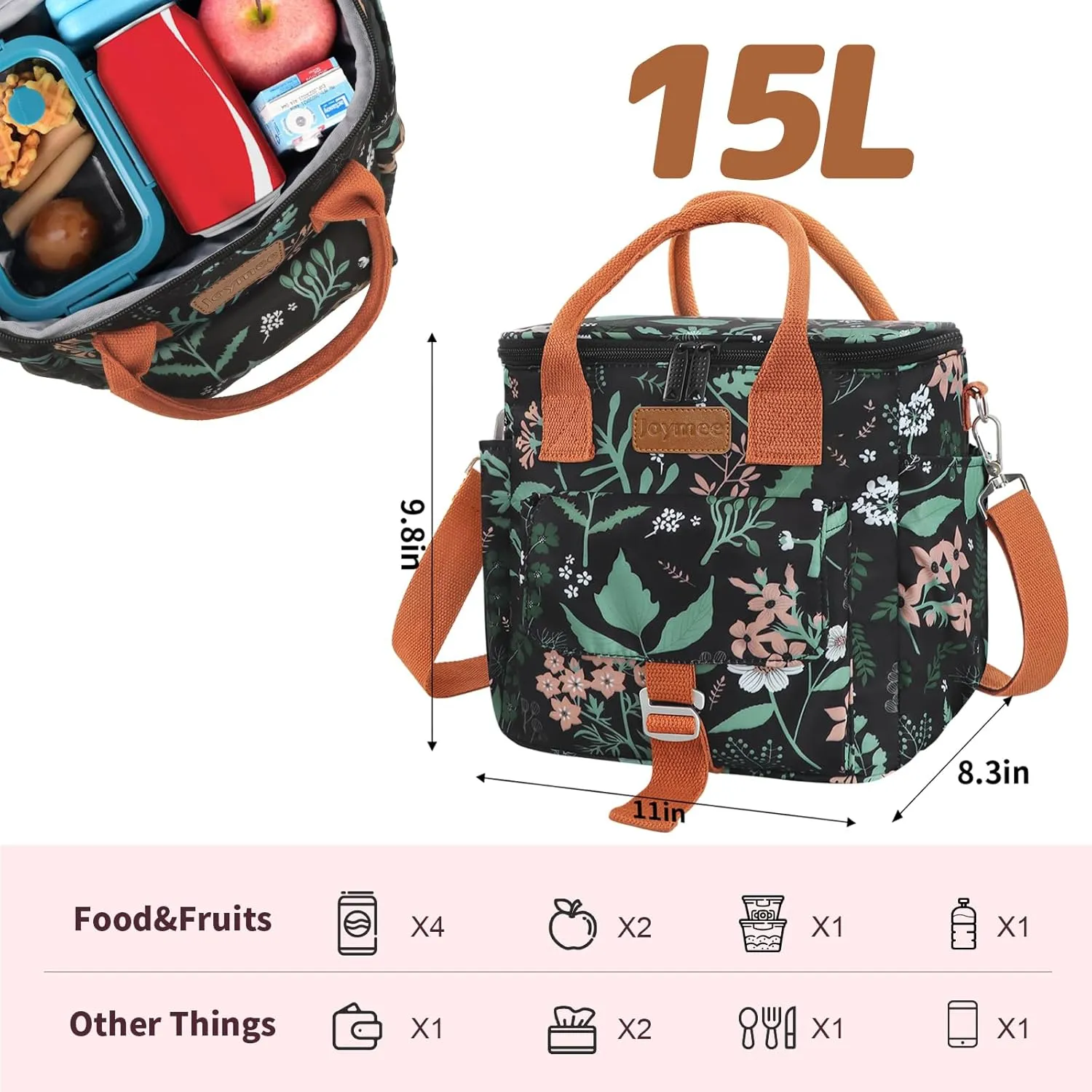 Joymee Large Insulated Lunch Bag for Women Adults, Reusable Waterproof Lunch Box for Work Picnic Camping, Small Lunch Cooler Leakproof Tote with Side Pocket Adjustable Shoulder Strap - Green Leaf