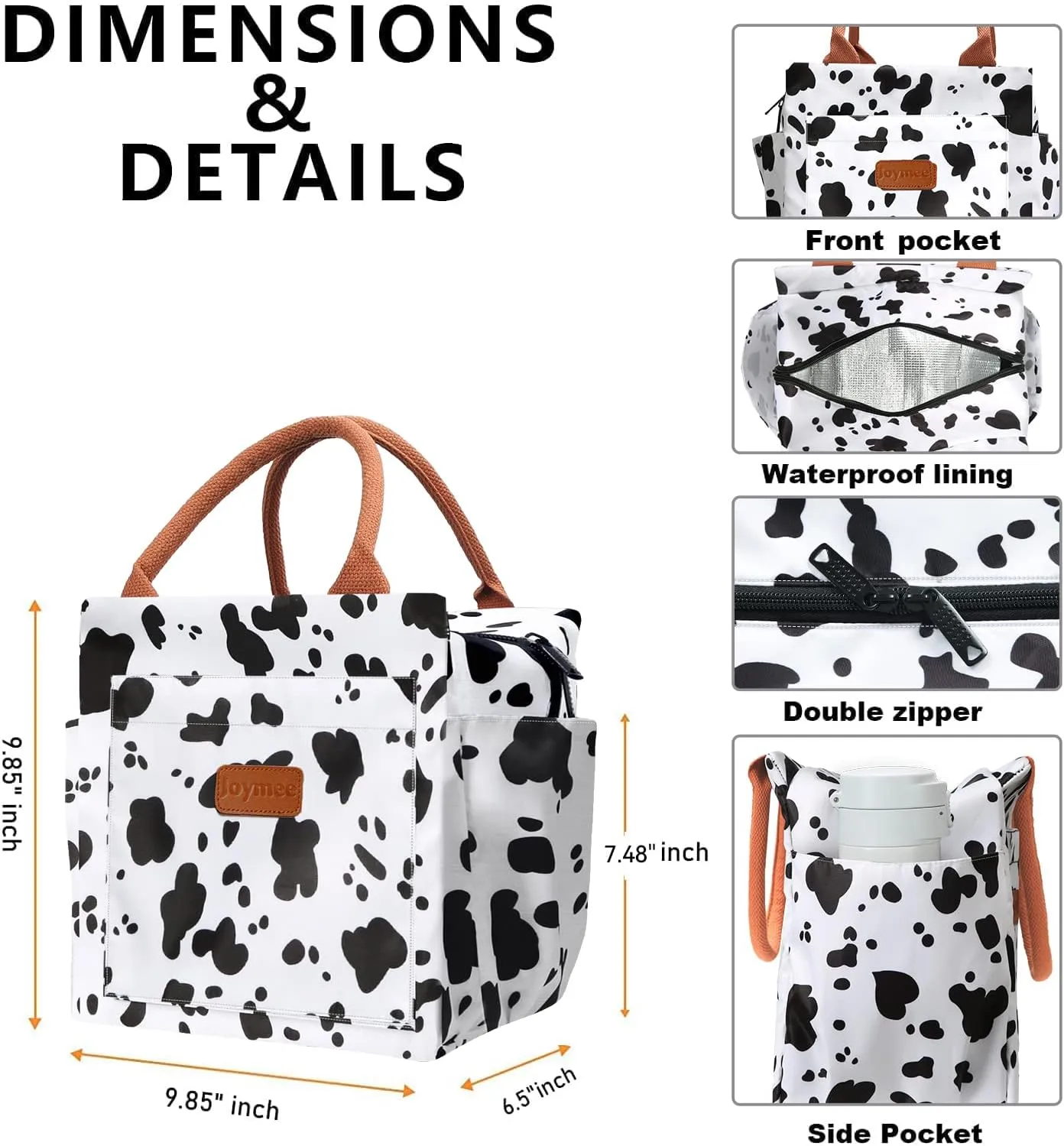 Joymee Lunch Bag Women Insulated Lunch Box Reusable Leakproof Large Spacious Cooler Tote for Womens Mens Adults with Bottle Holder and Side Pockets for Work Office Travel Picnic - Cow