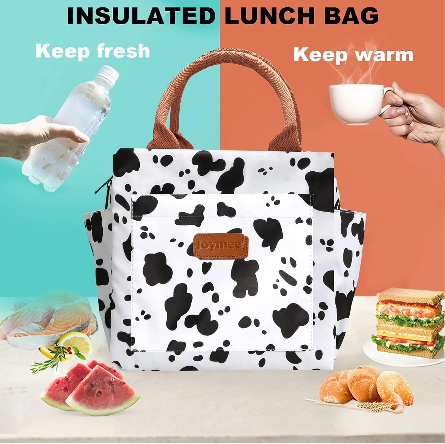 Joymee Lunch Bag Women Insulated Lunch Box Reusable Leakproof Large Spacious Cooler Tote for Womens Mens Adults with Bottle Holder and Side Pockets for Work Office Travel Picnic - Cow