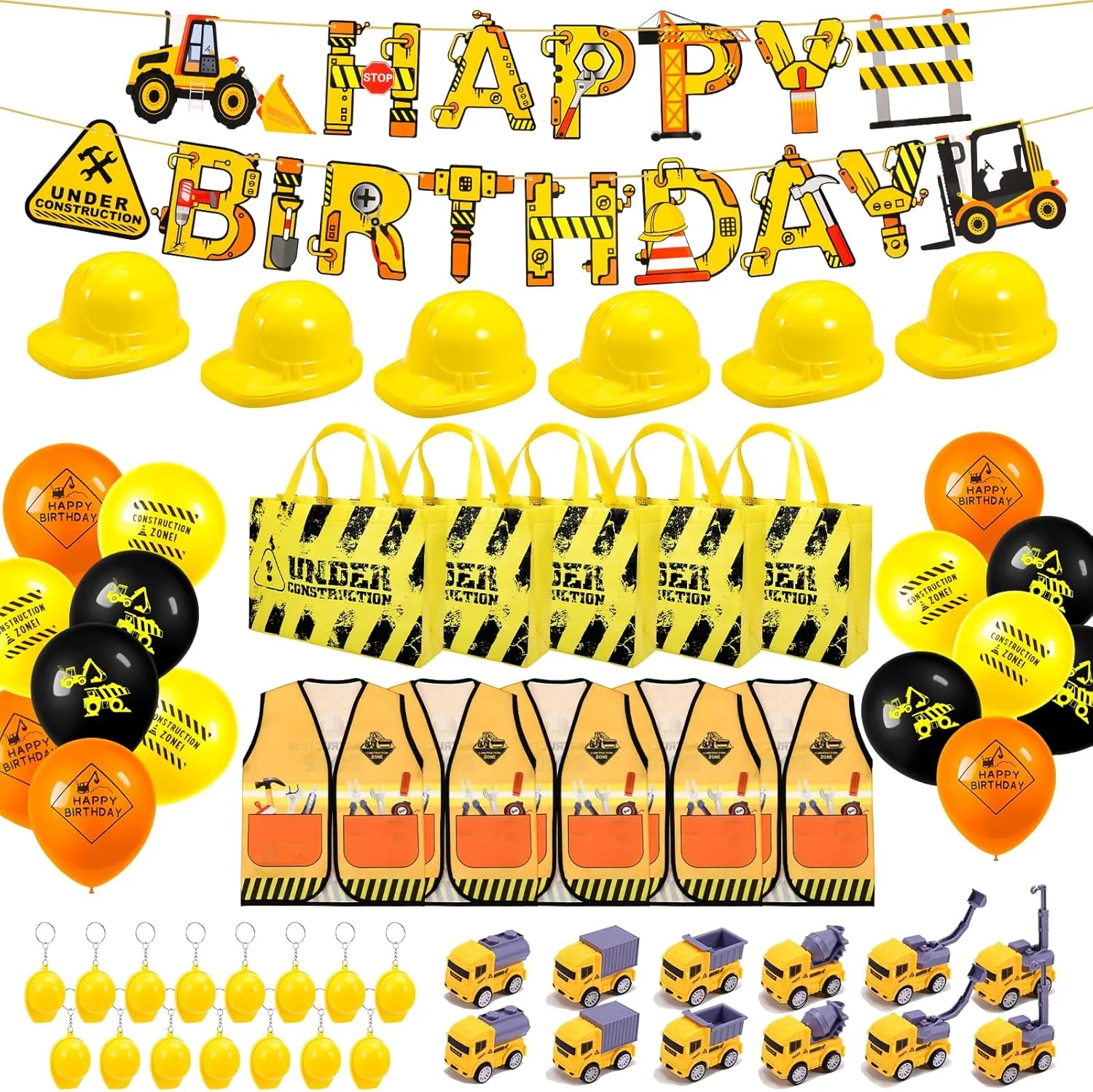 Jspupifip 88 Pcs Construction Birthday Party Decorations Set Kids Construction Worker Costume, Hats, Bags, 12 Truck Toys, Balloons, Backdrop for 3rd Birthday, Toddler Boys, Play Games