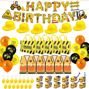 Jspupifip 88 Pcs Construction Birthday Party Decorations Set Kids Construction Worker Costume, Hats, Bags, 12 Truck Toys, Balloons, Backdrop for 3rd Birthday, Toddler Boys, Play Games