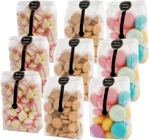 Jucoan 200 Pcs Plastic Cookie Bags with 200 Stickers, 3.5 x 9 Inch Cellophane Treat Bags for Cookies Packaging, Candy, Pastry, Popcorn, Baby Shower, Wedding, Party Favors, Gift Giving