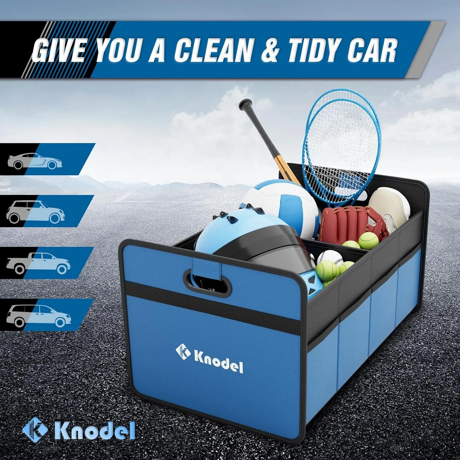 K KNODEL Car Trunk Organizer, Foldable Organizer for Car, Automotive Consoles & Organizers, Storage with Reinforced Handles (Medium, Blue)