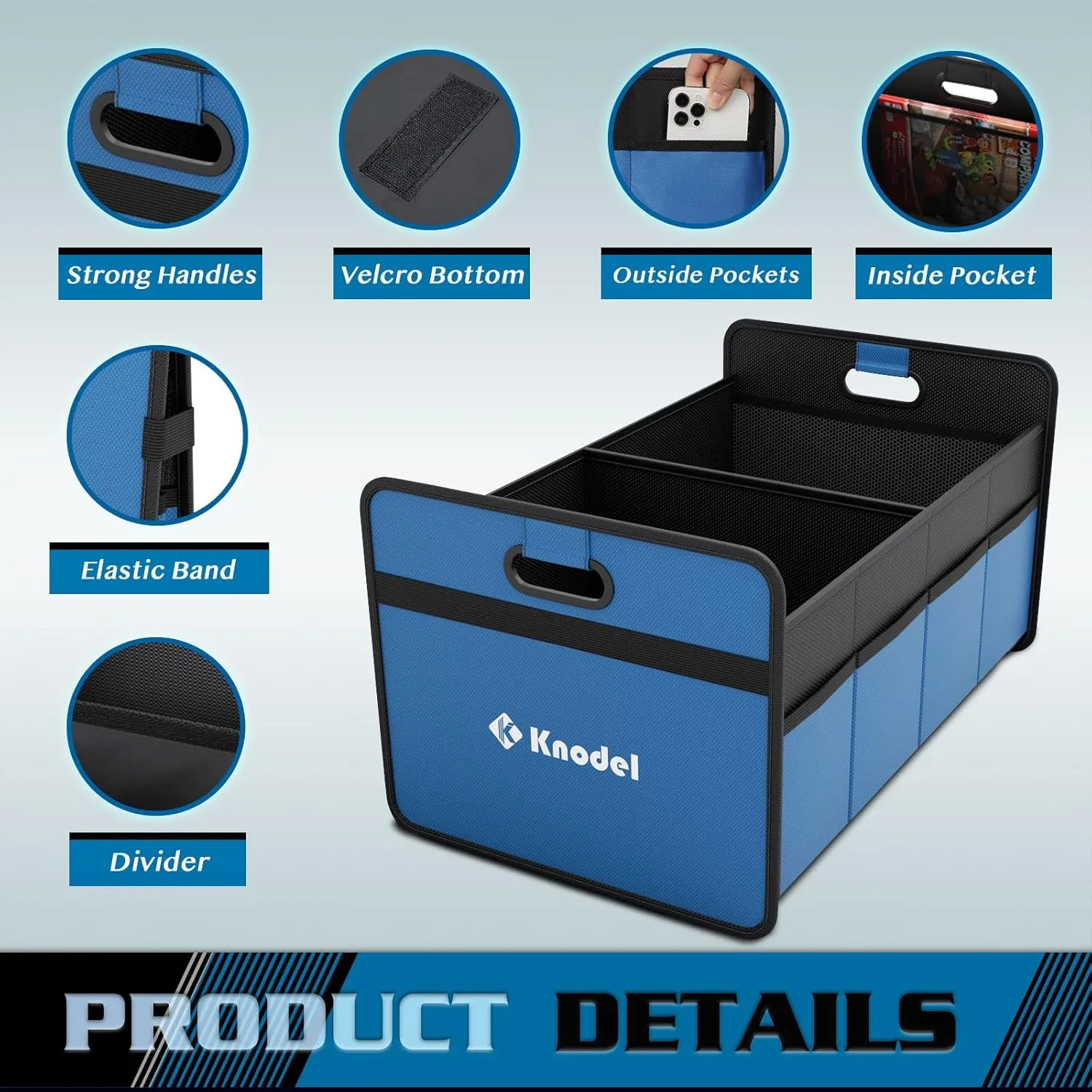 K KNODEL Car Trunk Organizer, Foldable Organizer for Car, Automotive Consoles & Organizers, Storage with Reinforced Handles (Medium, Blue)