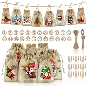 Kalolary Christmas Advent Calendar Bags 24 Days Countdown Calendar Burlap Bags Drawstring Gift Bags for Adults and Kids DIY Candy Bags for Holiday Decorations (Christmas 2)