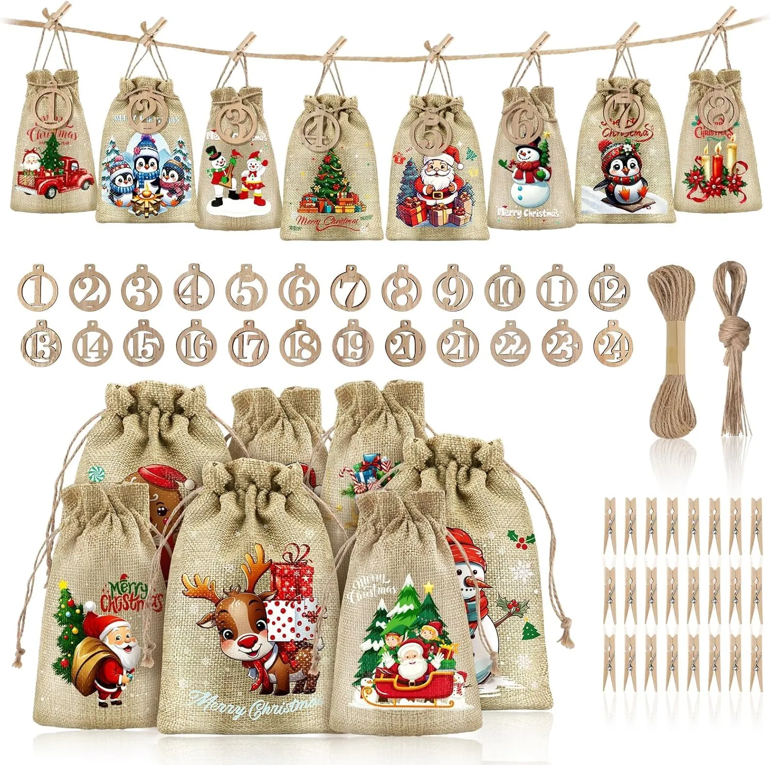 Kalolary Christmas Advent Calendar Bags 24 Days Countdown Calendar Burlap Bags Drawstring Gift Bags for Adults and Kids DIY Candy Bags for Holiday Decorations (Christmas 2)
