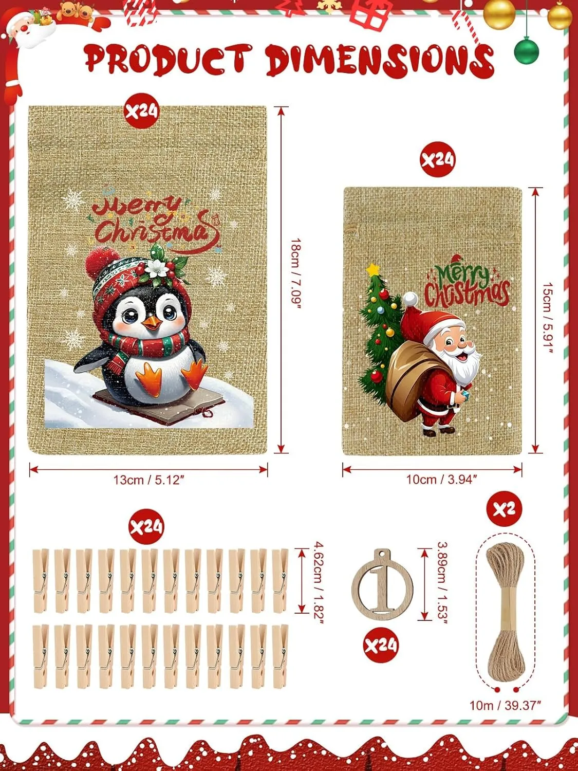 Kalolary Christmas Advent Calendar Bags 24 Days Countdown Calendar Burlap Bags Drawstring Gift Bags for Adults and Kids DIY Candy Bags for Holiday Decorations (Christmas 2)