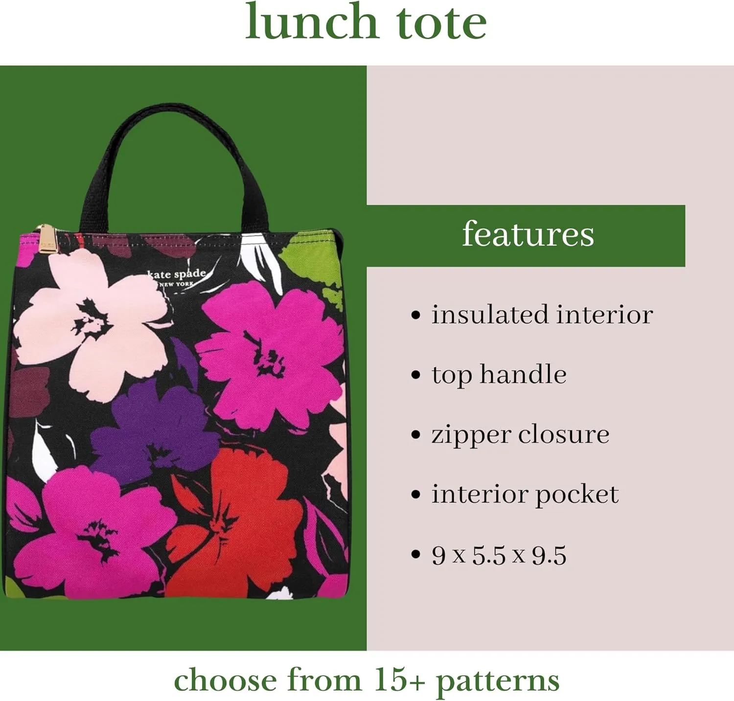 Kate Spade New York Cute Lunch Bag for Women, Large Capacity Lunch Tote, Adult Lunch Box with Silver Thermal Insulated Interior Lining and Storage Pocket (Painterly Blooms)