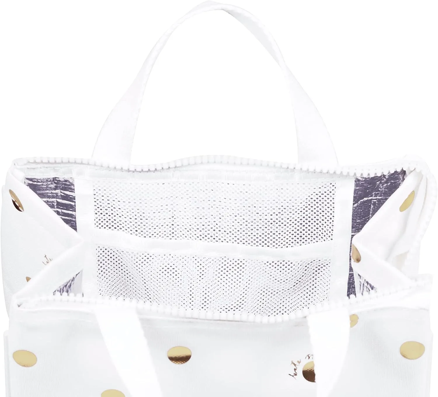 Kate Spade New York Portable Soft Cooler Lunch Bag, Thermal Tote with Silver Insulated Interior Lining and Storage Pocket, Gold Dot with Script