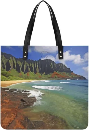 Kauai Hawaii Seashore Handbag Leather Tote Shoulder Bag Satchel Handbag with Top Handles Large Casual Handbags with Shoulder Work Bag for Women Travel Purse Dating Gift
