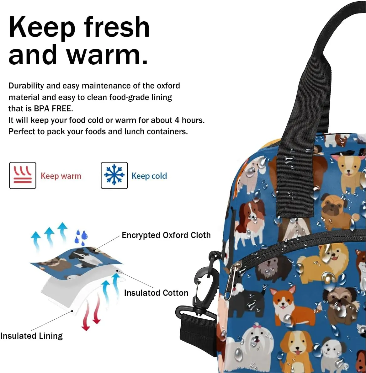 Kawaii Dog Insulated Lunch Bag for Women Men Reusable Lunch Box Cooler Bag Large Leakproof Lunch Tote with Adjustable Shoulder Strap for Adult Work Picnic Camping Beach Office