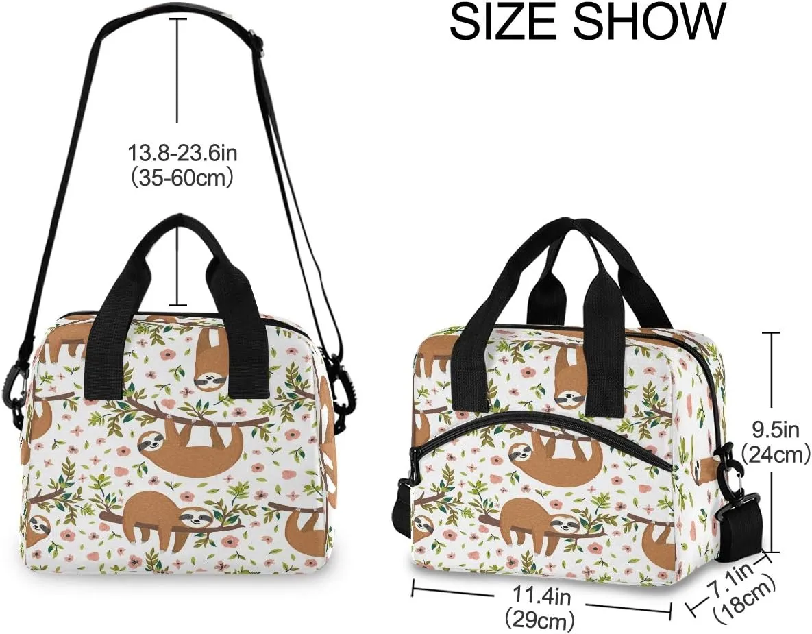 Kcldeci Baby Sloth Flowers Lunch Bags for Women, Polyester, Sloth, 15"