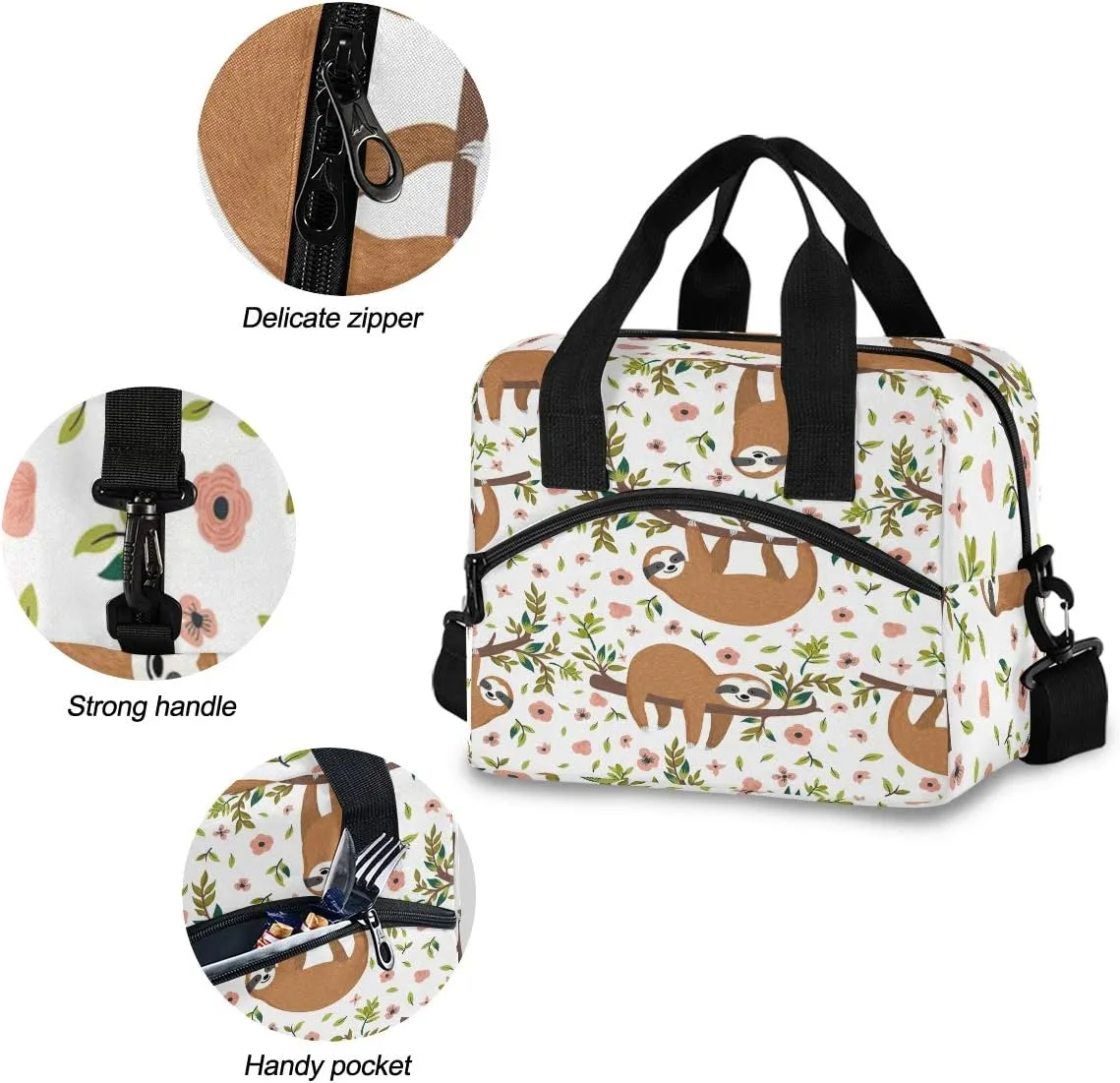 Kcldeci Baby Sloth Flowers Lunch Bags for Women, Polyester, Sloth, 15"