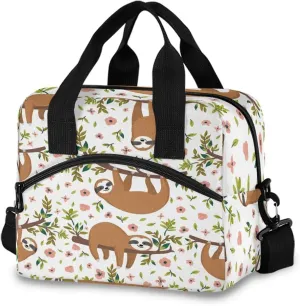 Kcldeci Baby Sloth Flowers Lunch Bags for Women, Polyester, Sloth, 15"