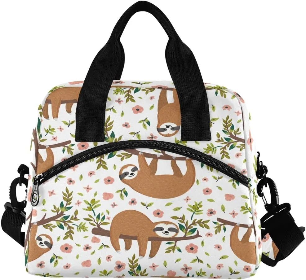 Kcldeci Baby Sloth Flowers Lunch Bags for Women, Polyester, Sloth, 15"