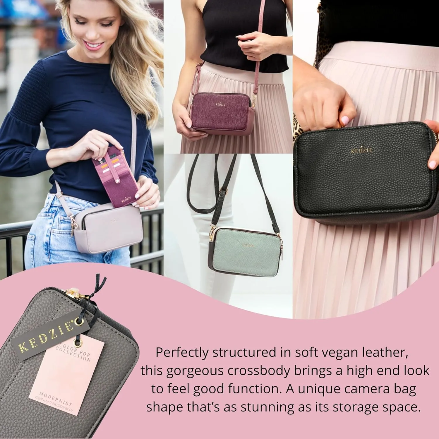 KEDZIE Color Pop Modernist Vegan Leather Crossbody Shoulder Compact Camera Shape Bag For Women With Adjustable Strap