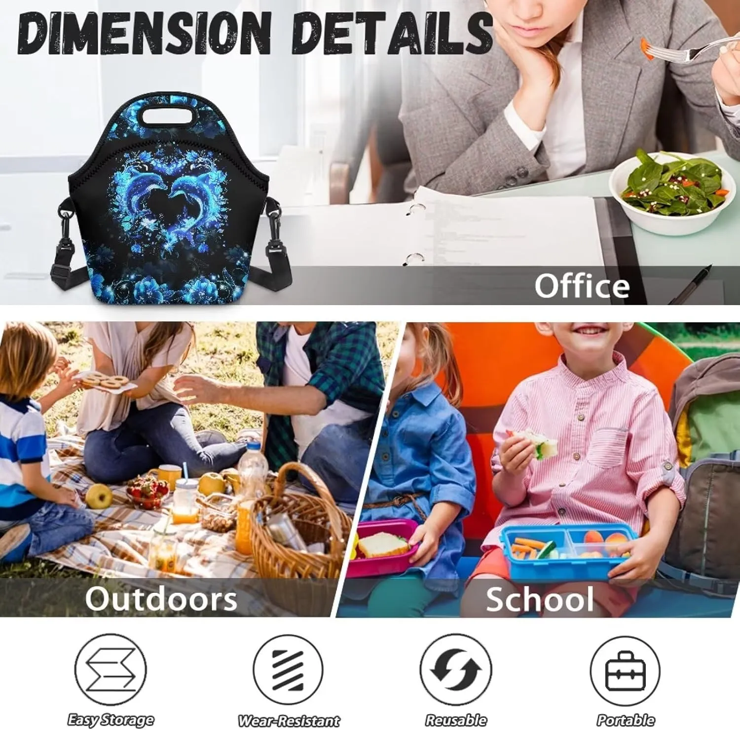 KEIAHUAN Blue Dolphin Kids Lunch Bag with Crossbody Strap Thermal Portable Leakproof Cooler Bags Reusable Tote Handbag for Women Men Girls Boys