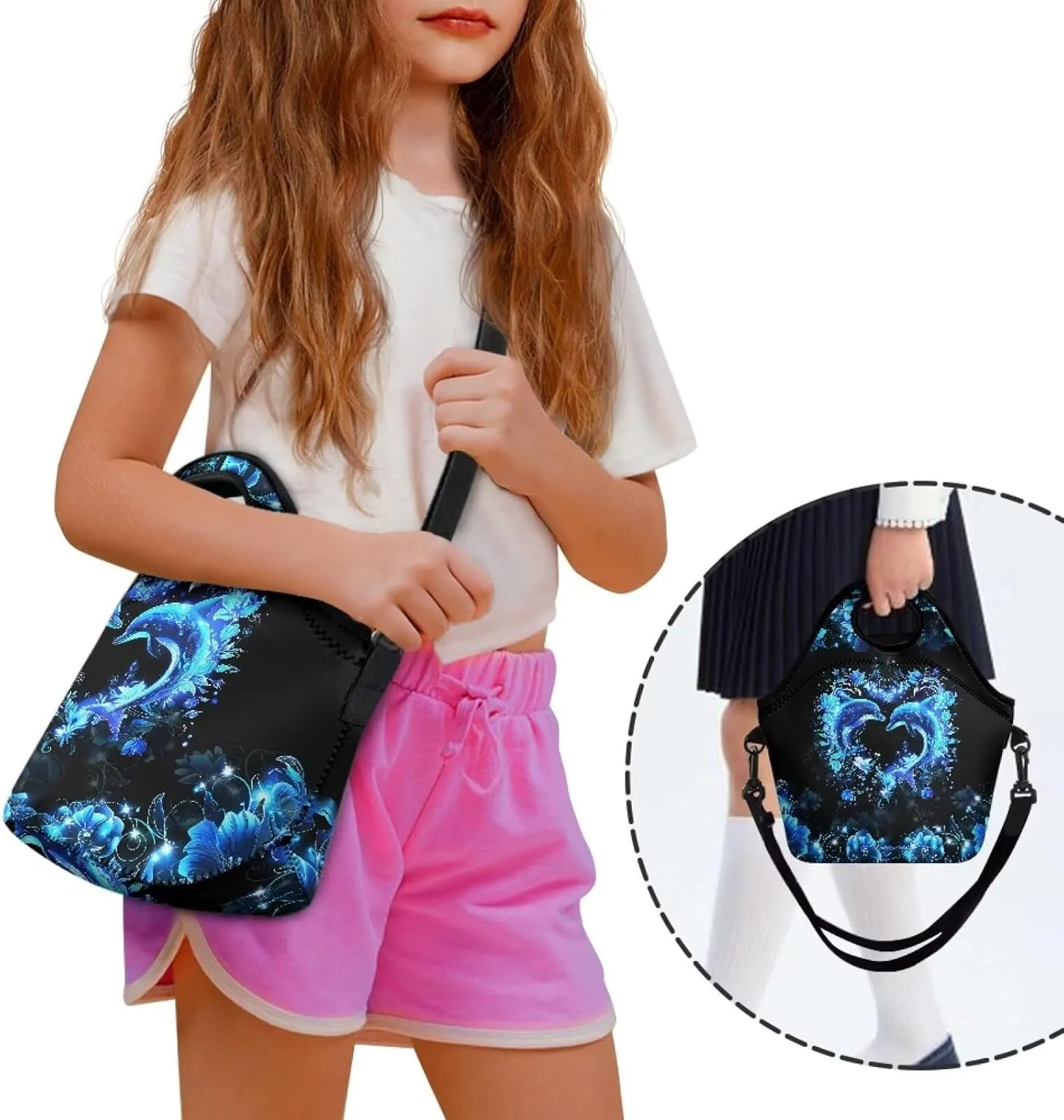 KEIAHUAN Blue Dolphin Kids Lunch Bag with Crossbody Strap Thermal Portable Leakproof Cooler Bags Reusable Tote Handbag for Women Men Girls Boys