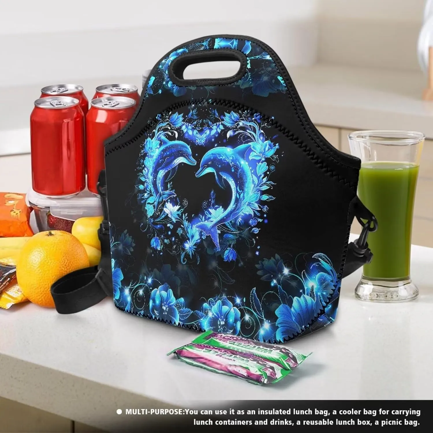 KEIAHUAN Blue Dolphin Kids Lunch Bag with Crossbody Strap Thermal Portable Leakproof Cooler Bags Reusable Tote Handbag for Women Men Girls Boys