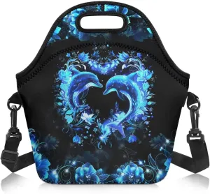 KEIAHUAN Blue Dolphin Kids Lunch Bag with Crossbody Strap Thermal Portable Leakproof Cooler Bags Reusable Tote Handbag for Women Men Girls Boys
