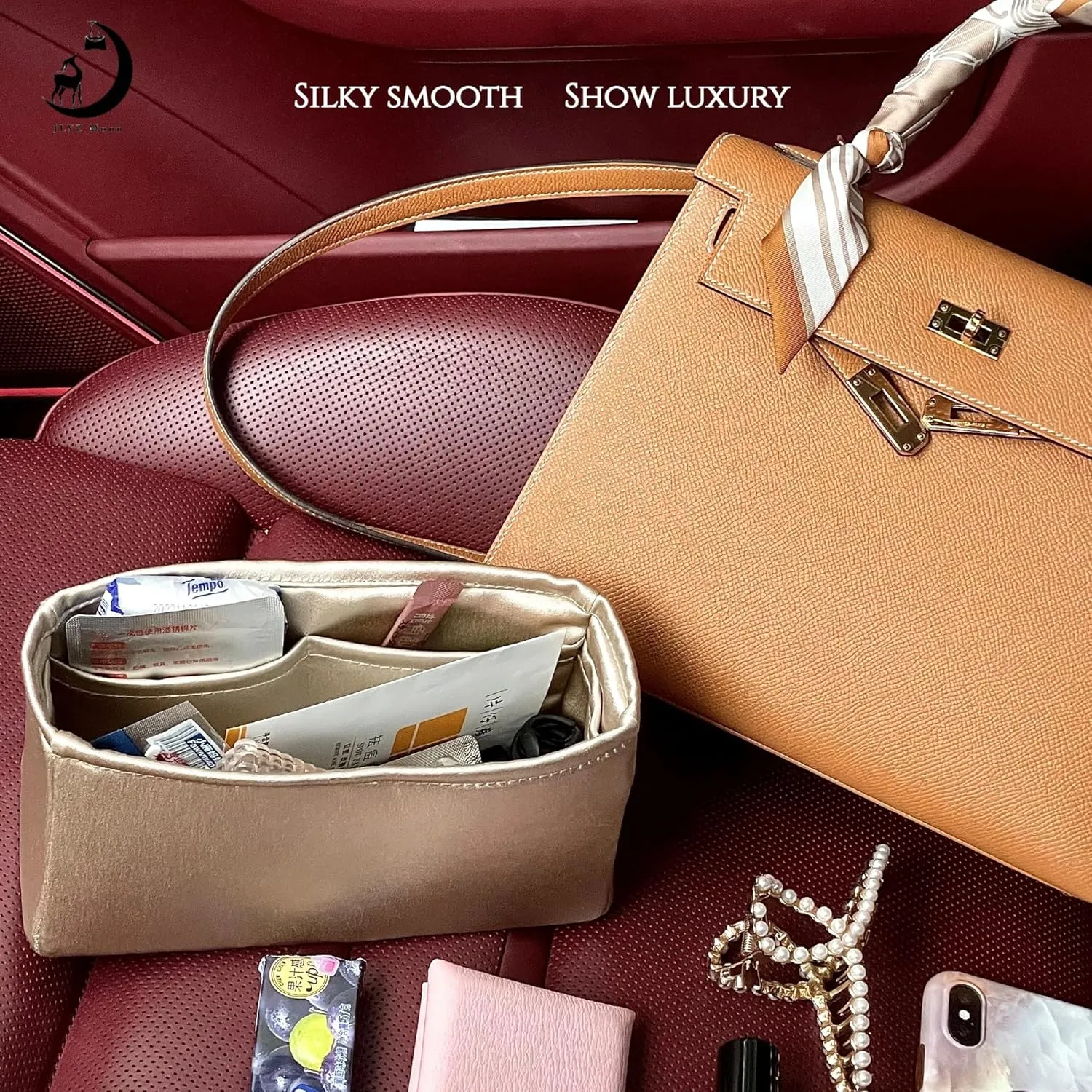 Kelly 32 Insert, Purse Organizer Insert Compatible with Hermes Kelly Bag, Lightweight and Silky Smooth, Bag Insert for Kelly 32 (Champagne, KL32)