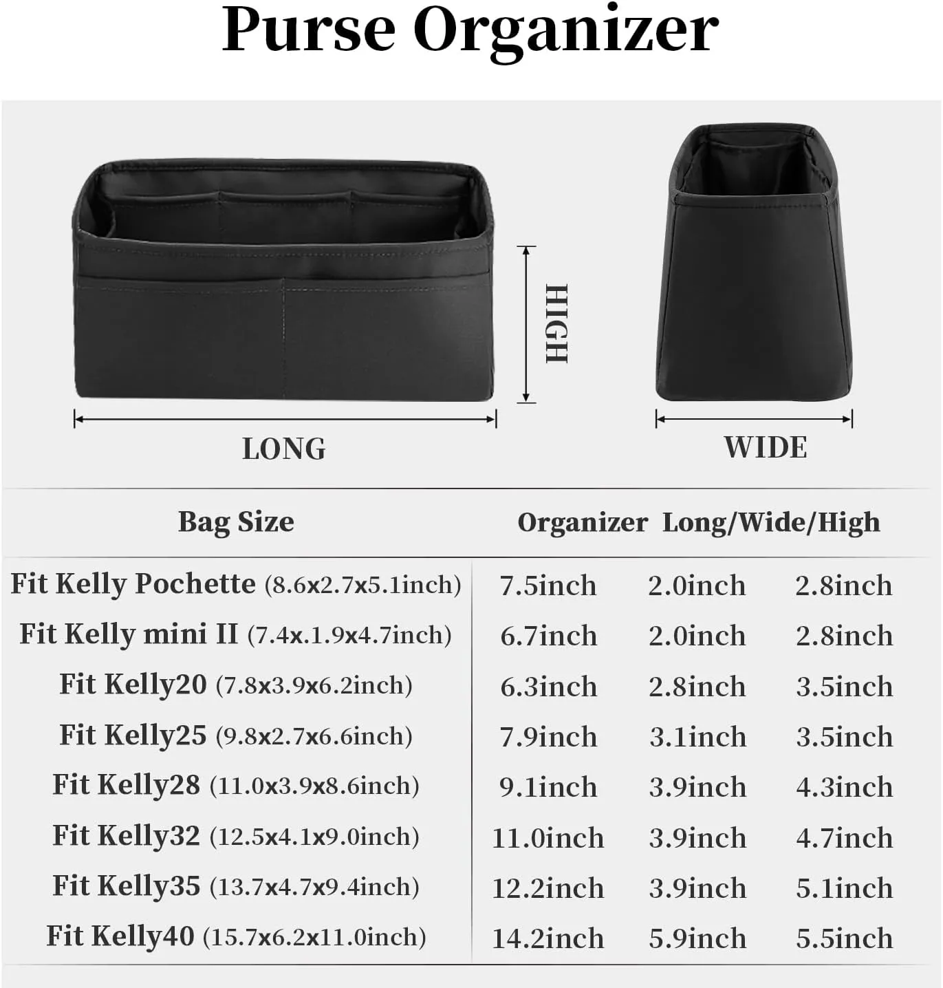 Kelly Bag Insert, Silky Purse Organizers, Lightweight, Compatible with Hermes Kelly Mini II, Multi Color Options (Black, Mini II)