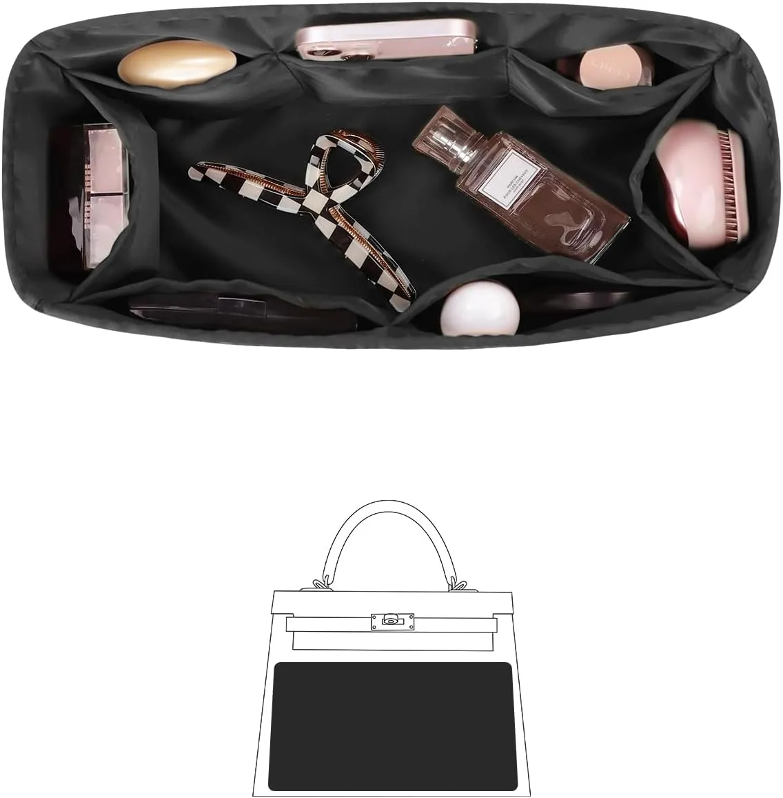 Kelly Bag Insert, Silky Purse Organizers, Lightweight, Compatible with Hermes Kelly Mini II, Multi Color Options (Black, Mini II)