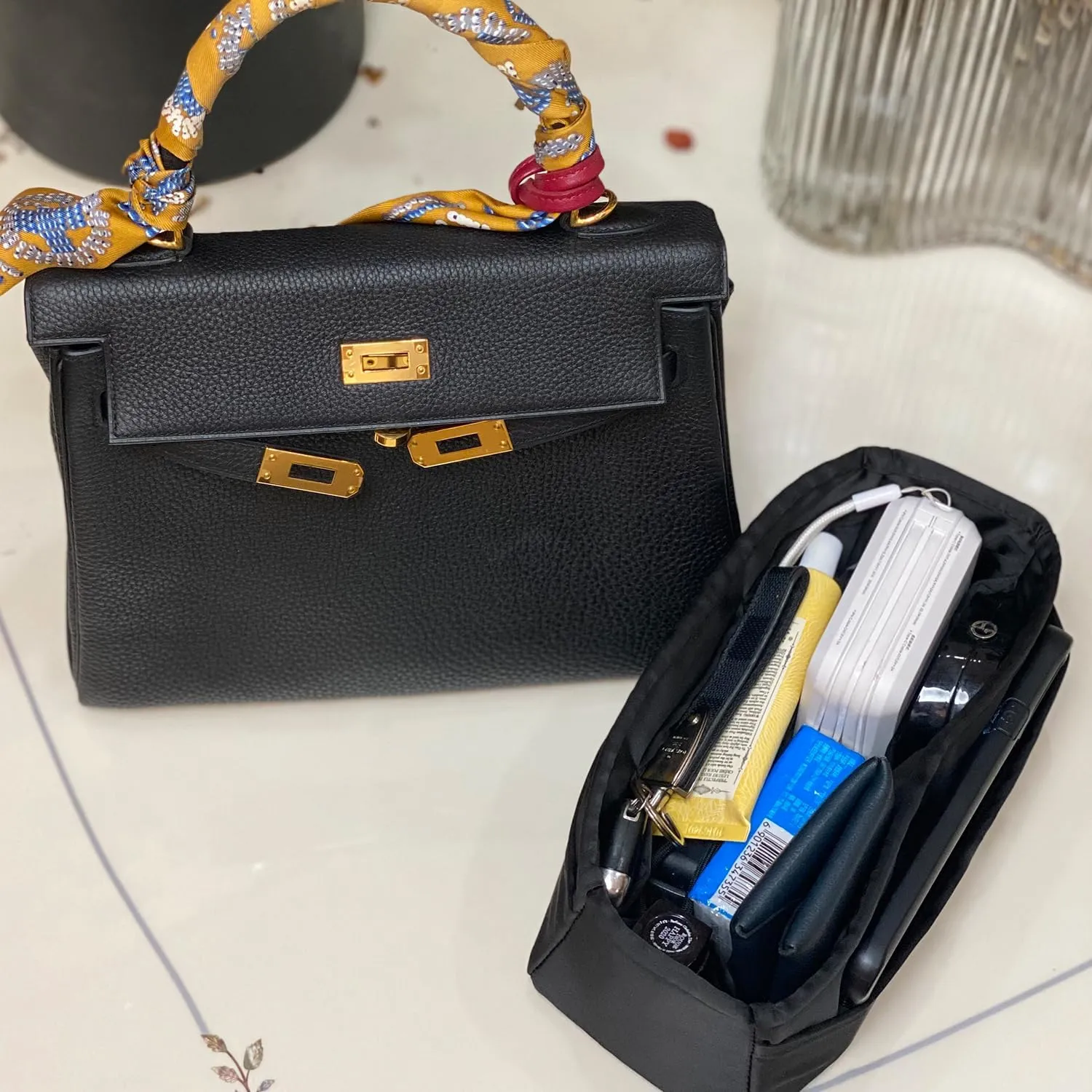 Kelly Bag Insert, Silky Purse Organizers, Lightweight, Compatible with Hermes Kelly Mini II, Multi Color Options (Black, Mini II)