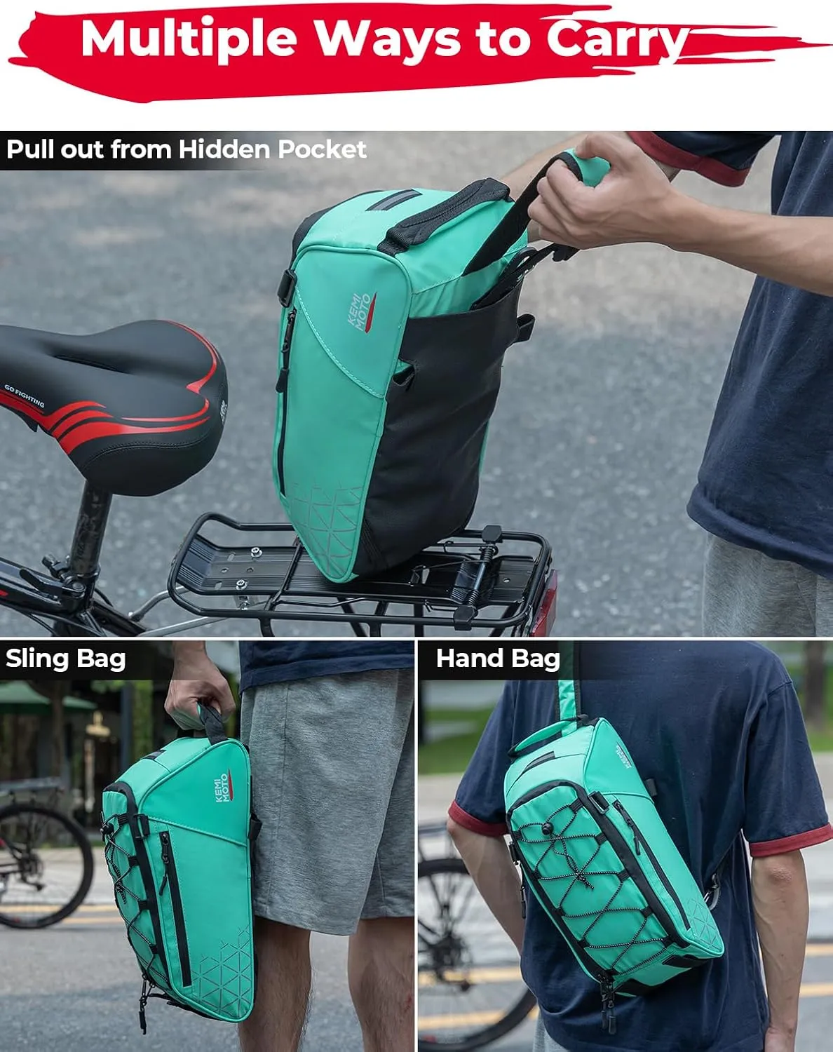 KEMIMOTO Rear Bike Rack Bag - 8L PVC Water Resistant Ebike Bags for Bicycle Rear Rack, Bicycle Trunk Pannier for Commuter Travel Shopping and Cycling (Green)