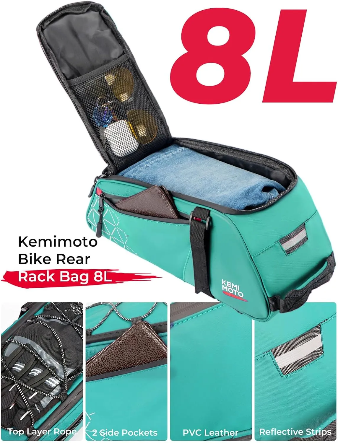 KEMIMOTO Rear Bike Rack Bag - 8L PVC Water Resistant Ebike Bags for Bicycle Rear Rack, Bicycle Trunk Pannier for Commuter Travel Shopping and Cycling (Green)