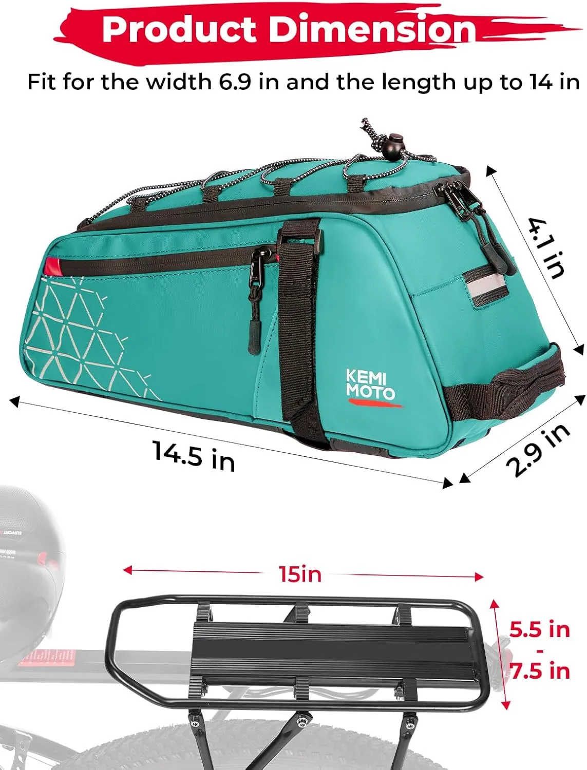 KEMIMOTO Rear Bike Rack Bag - 8L PVC Water Resistant Ebike Bags for Bicycle Rear Rack, Bicycle Trunk Pannier for Commuter Travel Shopping and Cycling (Green)