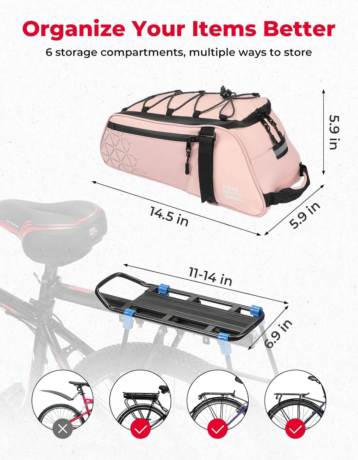 KEMIMOTO Rear Bike Rack Bag - 8L PVC Water Resistant Ebike Bags for Bicycle Rear Rack, Bicycle Trunk Pannier for Commuter Travel Shopping and Cycling (Pink)
