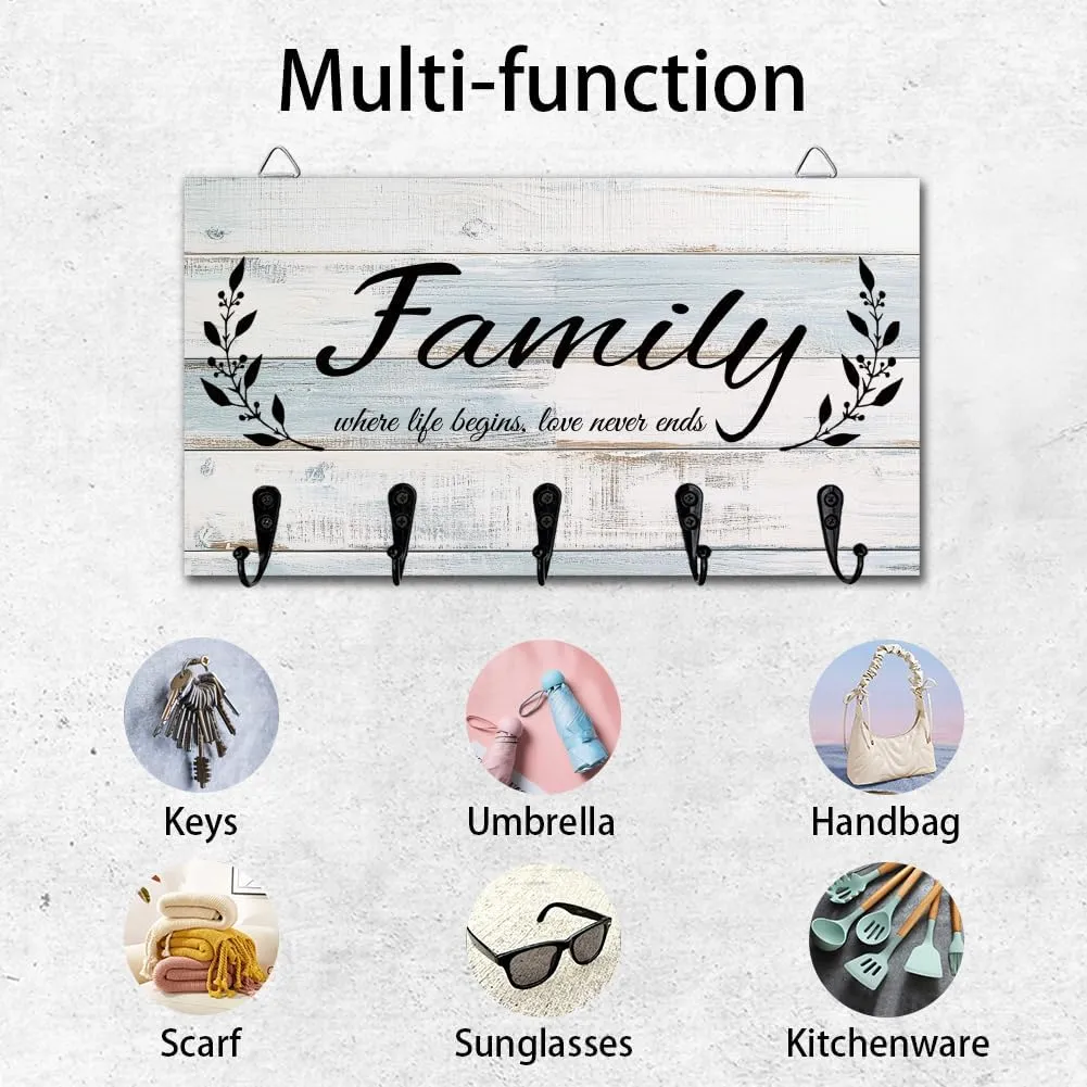 Key Holder Key Hooks Organizer Hanger Rack Family Wall Mounted Wooden Key Rack with 5 Key Hooks for Home Entryway Front Door Kitchen Hallway Bedroom Wall Decorative Key Storage