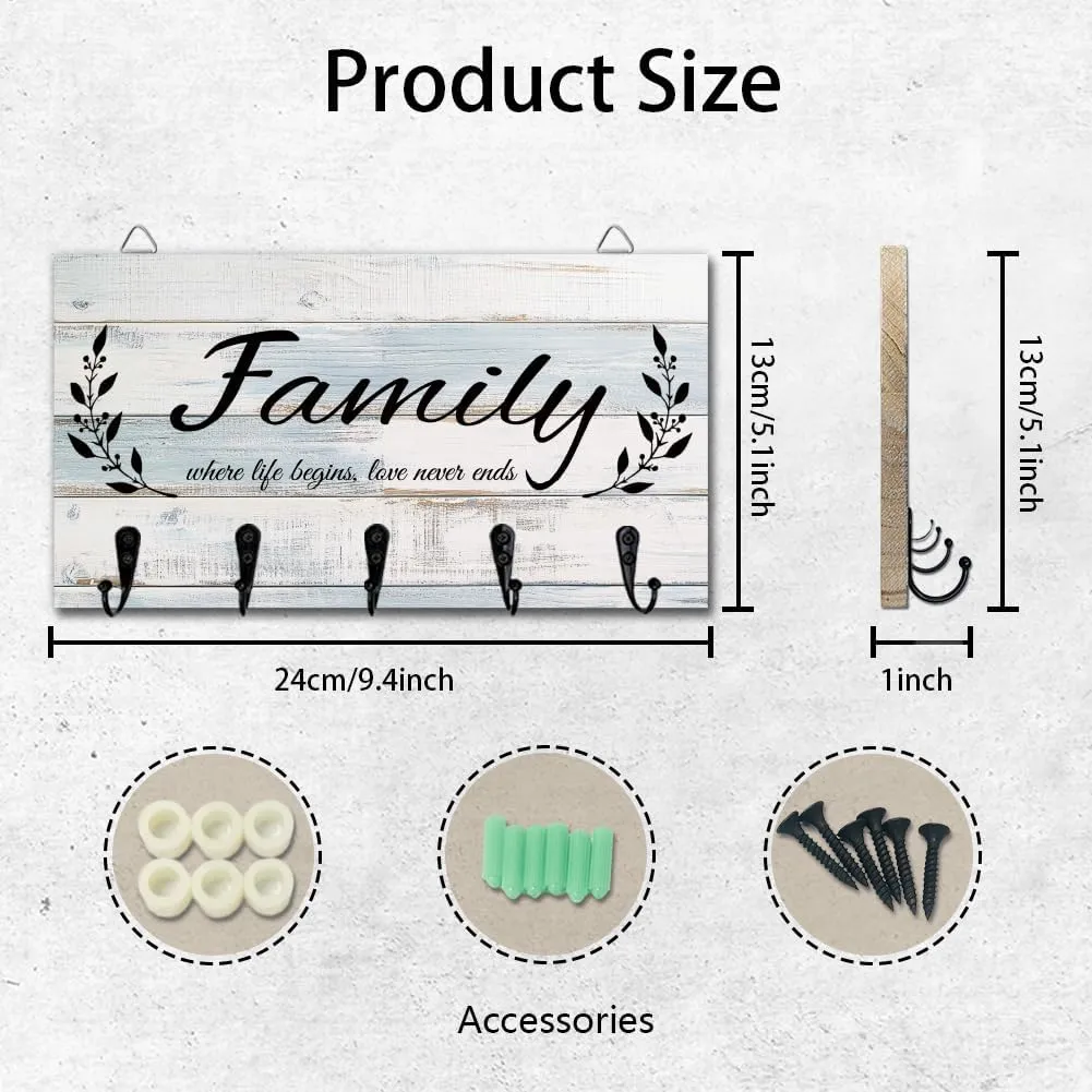 Key Holder Key Hooks Organizer Hanger Rack Family Wall Mounted Wooden Key Rack with 5 Key Hooks for Home Entryway Front Door Kitchen Hallway Bedroom Wall Decorative Key Storage