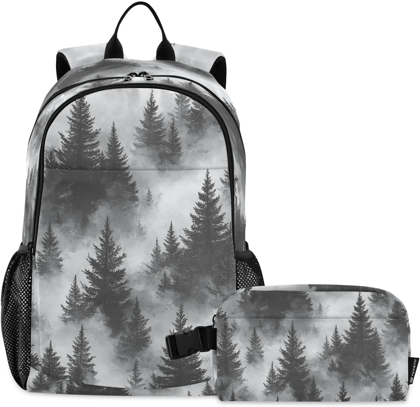 Kids Backpack Coniferous Forest Black White School Bookbag with Lunch Bag for Boys Girls Preschool Kindergarten Elementary Laptop Daypack
