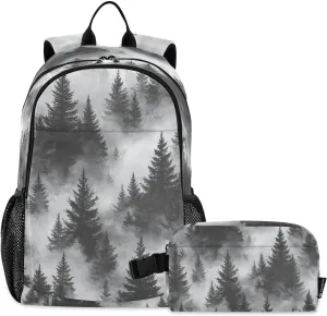 Kids Backpack Coniferous Forest Black White School Bookbag with Lunch Bag for Boys Girls Preschool Kindergarten Elementary Laptop Daypack