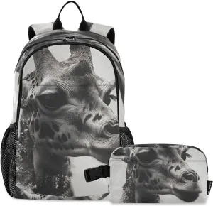 Kids Backpack Giraffe Double Exposure School Bookbag with Lunch Bag for Boys Girls Preschool Kindergarten Elementary Laptop Daypack