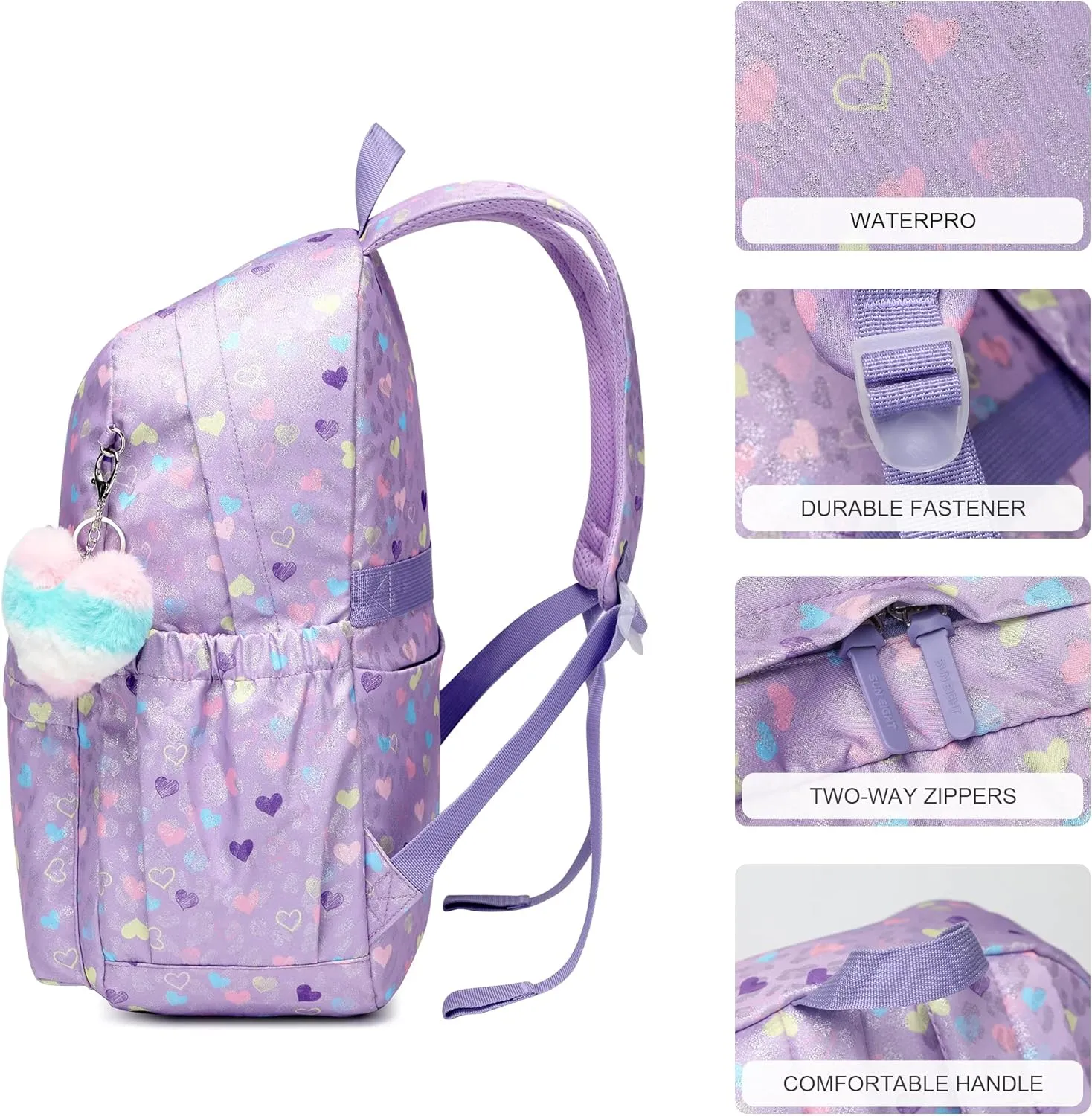 Kids Backpack Girls Light Purple Waterproof Large Space School Backpack Suitable for Age for Over 6 years old Lightweight Travel Cat Ear Heart Keychain Children Backpack（Light Purple Peach Heart）